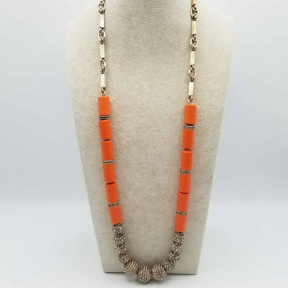 J Crew Long Chunky Orange Resin Bead Necklace with Crystal Pave Beads